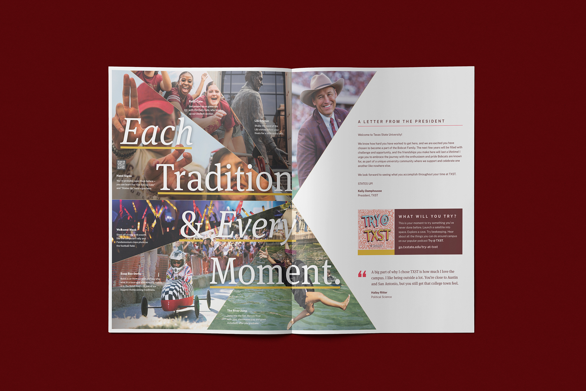 TXST Admissions Campaign AdmittedStudentNewsprint Spread Tradition