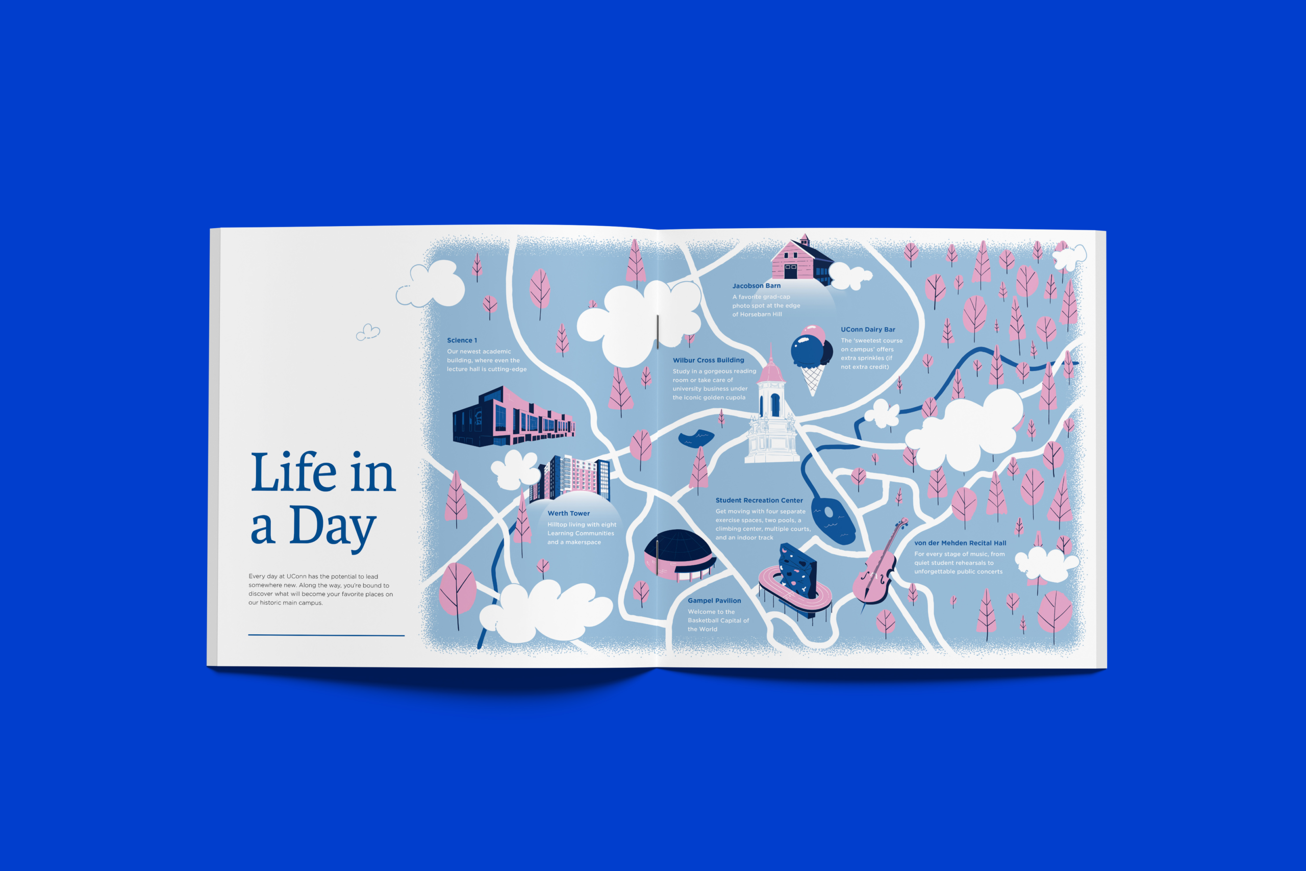 UCONN Admissions Viewbook Spread DayInTheLifeMap